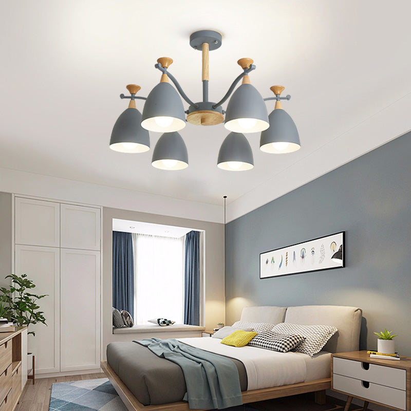 Contemporary Cone Chandelier Pendant Light Metal 3/6/8 Lights Hanging Ceiling Light in Grey/White/Green for Bedroom 6 Grey Clearhalo 'Ceiling Lights' 'Chandeliers' 'Modern Chandeliers' 'Modern' Lighting' 217082