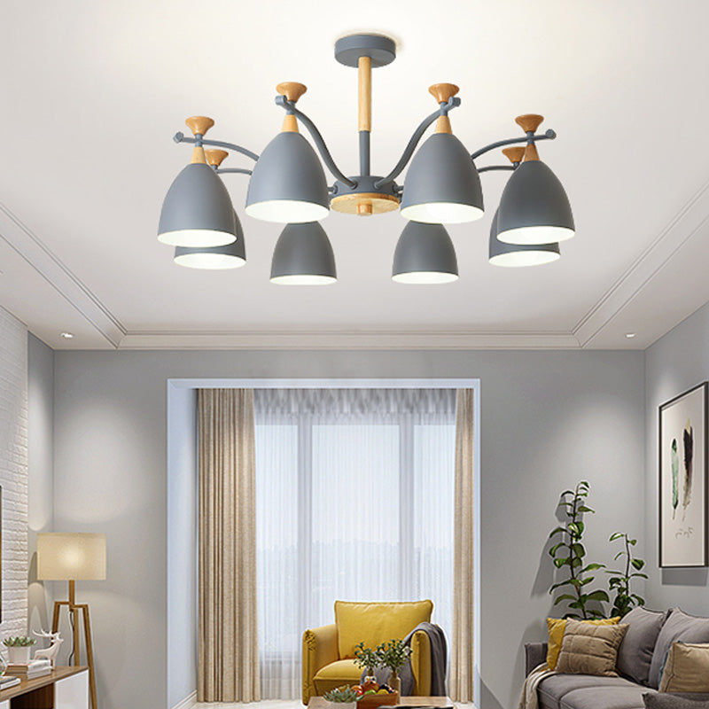 Contemporary Cone Chandelier Pendant Light Metal 3/6/8 Lights Hanging Ceiling Light in Grey/White/Green for Bedroom 8 Grey Clearhalo 'Ceiling Lights' 'Chandeliers' 'Modern Chandeliers' 'Modern' Lighting' 217086