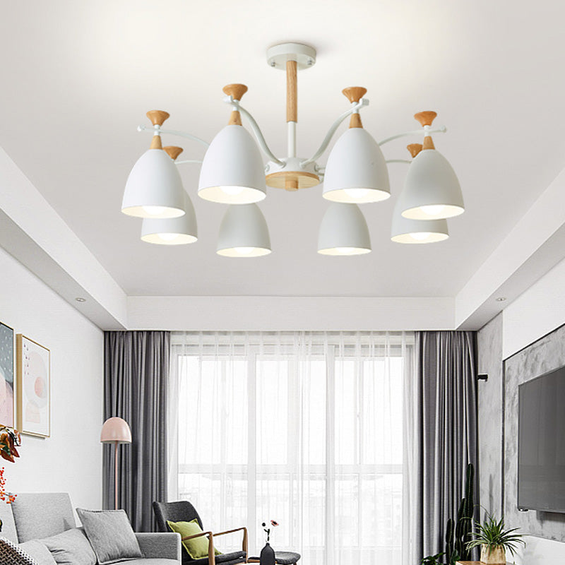 Contemporary Cone Chandelier Pendant Light Metal 3/6/8 Lights Hanging Ceiling Light in Grey/White/Green for Bedroom 8 White Clearhalo 'Ceiling Lights' 'Chandeliers' 'Modern Chandeliers' 'Modern' Lighting' 217097