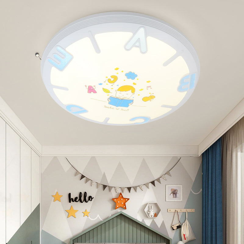 Kids Round Shade Flush Ceiling Light Plastic LED Bedroom Flush Pendant Ceiling Light with Letter Pattern in Blue/Pink Blue Clearhalo 'Ceiling Lights' 'Close To Ceiling Lights' 'Close to ceiling' 'Flush mount' Lighting' 217112