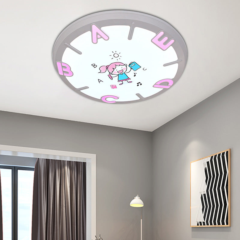 Kids Round Shade Flush Ceiling Light Plastic LED Bedroom Flush Pendant Ceiling Light with Letter Pattern in Blue/Pink Pink Clearhalo 'Ceiling Lights' 'Close To Ceiling Lights' 'Close to ceiling' 'Flush mount' Lighting' 217115