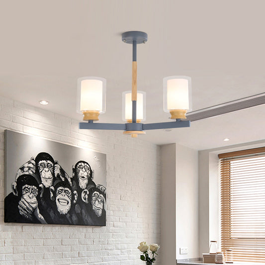 Cylinder Pendant Chandelier Nordic Opal Glass 3/5/6 Lights Grey/White Hanging Pendant Lamp for Living Room Clearhalo 'Ceiling Lights' 'Chandeliers' 'Glass shade' 'Glass' 'Modern Chandeliers' 'Modern' Lighting' 217152