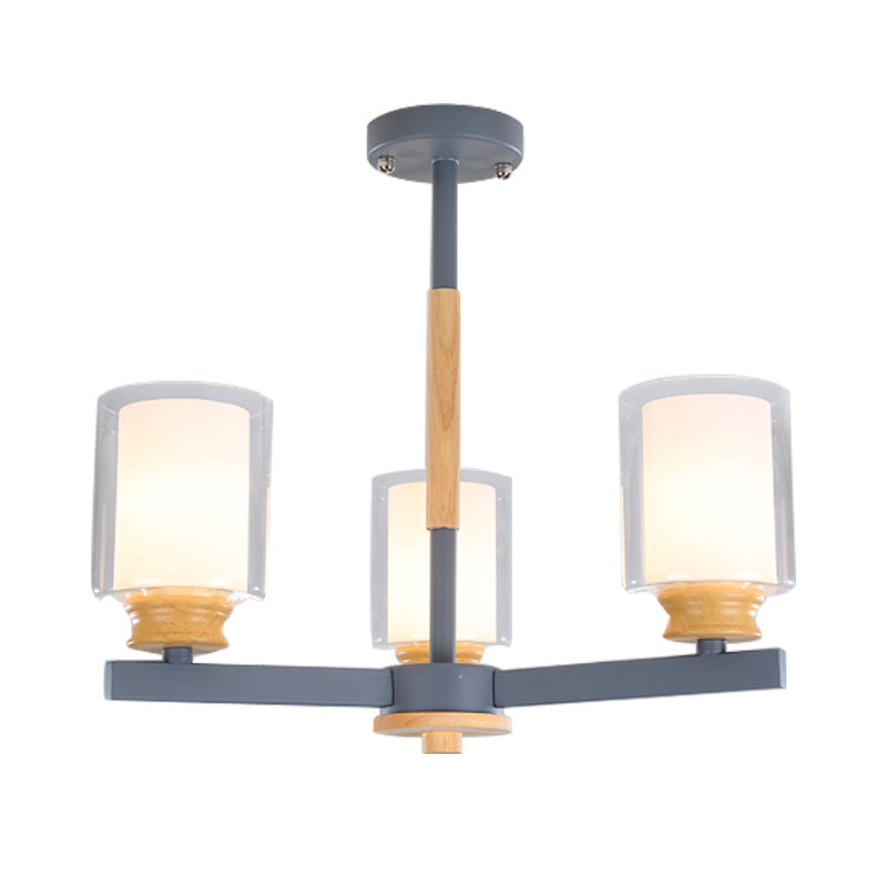 Cylinder Pendant Chandelier Nordic Opal Glass 3/5/6 Lights Grey/White Hanging Pendant Lamp for Living Room Clearhalo 'Ceiling Lights' 'Chandeliers' 'Glass shade' 'Glass' 'Modern Chandeliers' 'Modern' Lighting' 217153