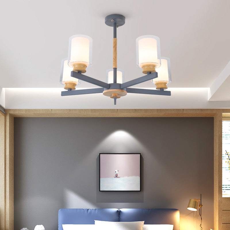 Cylinder Pendant Chandelier Nordic Opal Glass 3/5/6 Lights Grey/White Hanging Pendant Lamp for Living Room 5 Grey Clearhalo 'Ceiling Lights' 'Chandeliers' 'Glass shade' 'Glass' 'Modern Chandeliers' 'Modern' Lighting' 217155