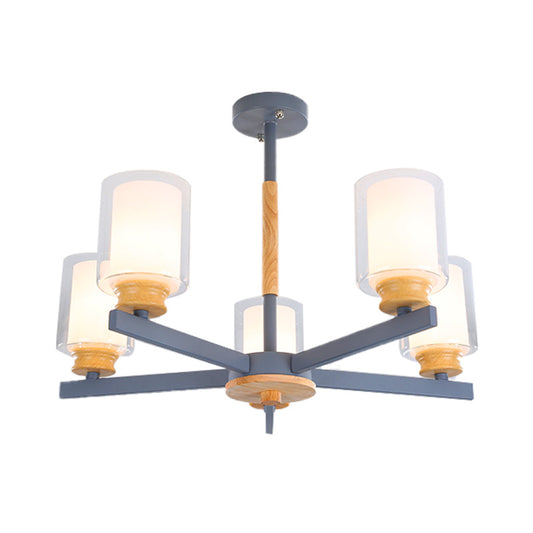 Cylinder Pendant Chandelier Nordic Opal Glass 3/5/6 Lights Grey/White Hanging Pendant Lamp for Living Room Clearhalo 'Ceiling Lights' 'Chandeliers' 'Glass shade' 'Glass' 'Modern Chandeliers' 'Modern' Lighting' 217157