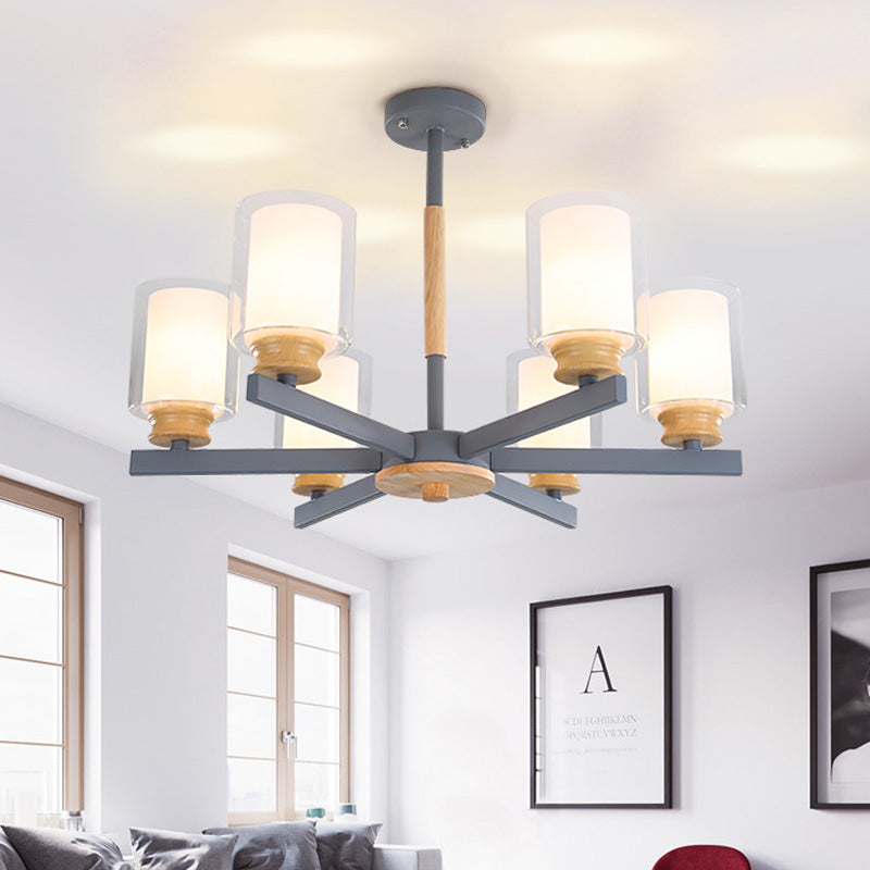 Cylinder Pendant Chandelier Nordic Opal Glass 3/5/6 Lights Grey/White Hanging Pendant Lamp for Living Room 6 Grey Clearhalo 'Ceiling Lights' 'Chandeliers' 'Glass shade' 'Glass' 'Modern Chandeliers' 'Modern' Lighting' 217159