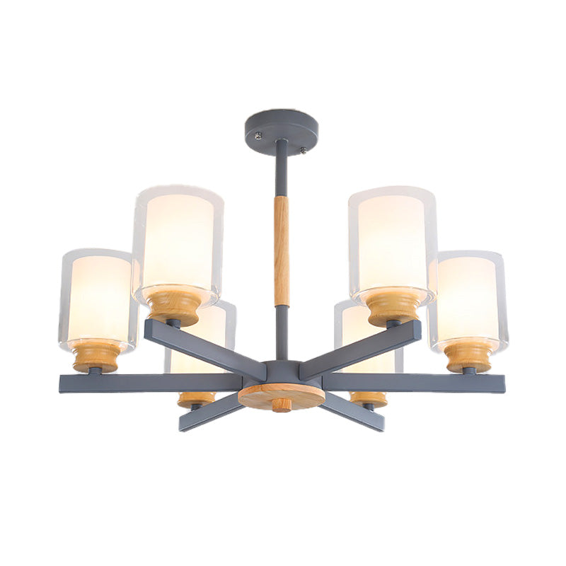 Cylinder Pendant Chandelier Nordic Opal Glass 3/5/6 Lights Grey/White Hanging Pendant Lamp for Living Room Clearhalo 'Ceiling Lights' 'Chandeliers' 'Glass shade' 'Glass' 'Modern Chandeliers' 'Modern' Lighting' 217161