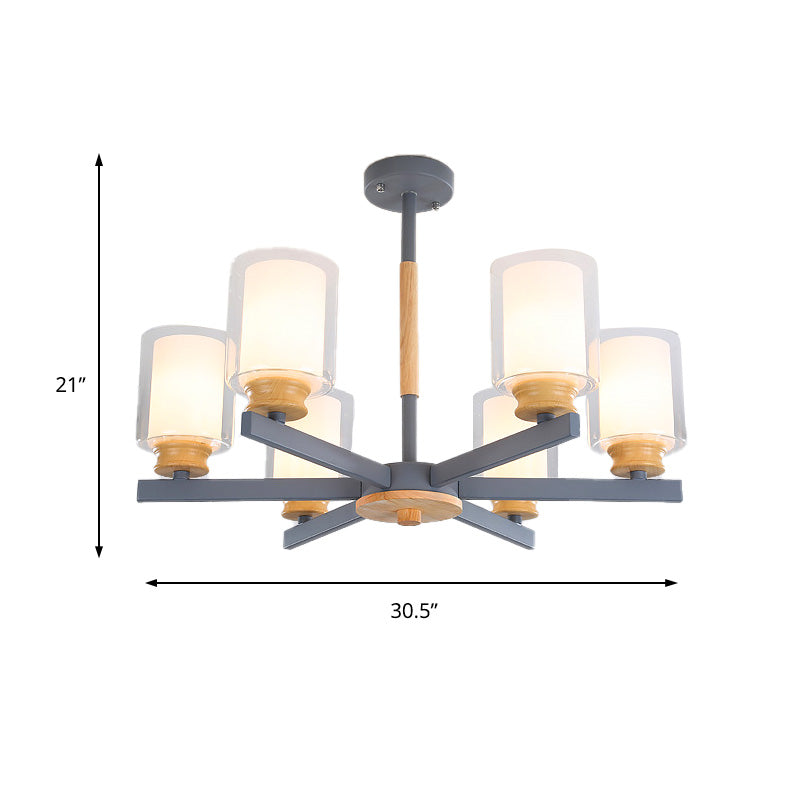 Cylinder Pendant Chandelier Nordic Opal Glass 3/5/6 Lights Grey/White Hanging Pendant Lamp for Living Room Clearhalo 'Ceiling Lights' 'Chandeliers' 'Glass shade' 'Glass' 'Modern Chandeliers' 'Modern' Lighting' 217162