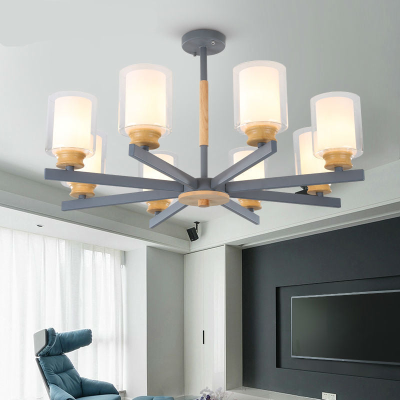 Cylinder Pendant Chandelier Nordic Opal Glass 3/5/6 Lights Grey/White Hanging Pendant Lamp for Living Room 8 Grey Clearhalo 'Ceiling Lights' 'Chandeliers' 'Glass shade' 'Glass' 'Modern Chandeliers' 'Modern' Lighting' 217163