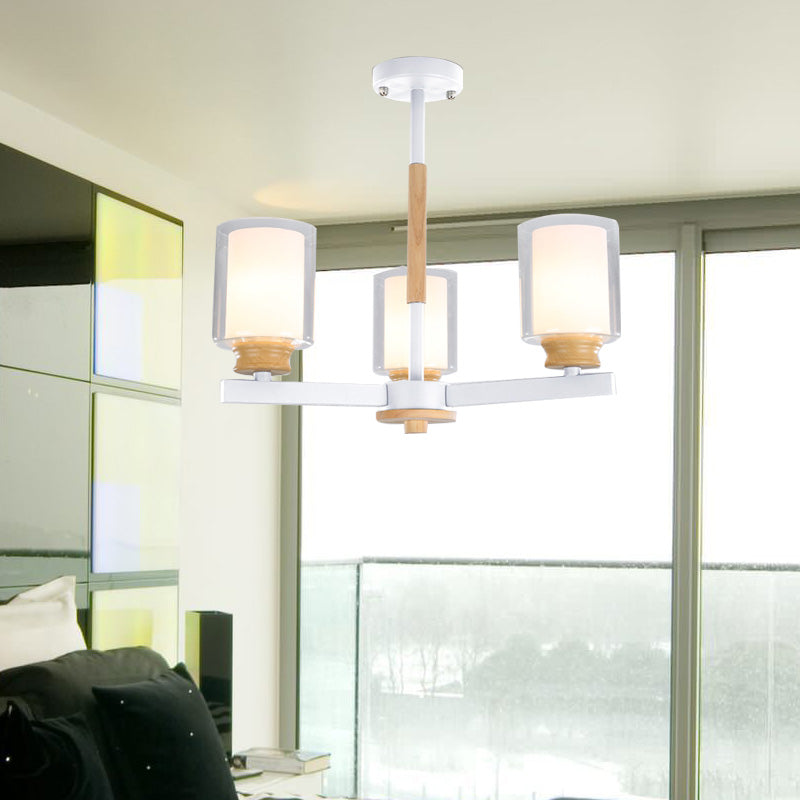 Cylinder Pendant Chandelier Nordic Opal Glass 3/5/6 Lights Grey/White Hanging Pendant Lamp for Living Room 3 White Clearhalo 'Ceiling Lights' 'Chandeliers' 'Glass shade' 'Glass' 'Modern Chandeliers' 'Modern' Lighting' 217167