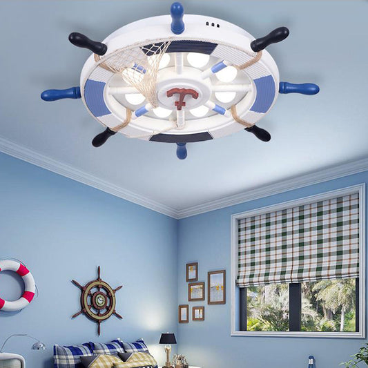 LED Indoor Ceiling Flush Mount Nautical Style Blue Flush Pendant Light with Rudder Wood Shade Blue A Clearhalo 'Ceiling Lights' 'Close To Ceiling Lights' 'Close to ceiling' 'Flush mount' Lighting' 217187