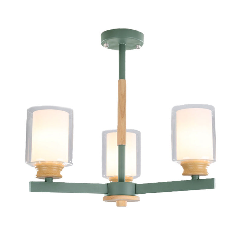 Macaron Cylinder Chandelier Pendant Light Milk Glass 3/5/6 Lights Hanging Ceiling Light in Pink/Yellow/Green for Living Room Clearhalo 'Ceiling Lights' 'Chandeliers' 'Modern Chandeliers' 'Modern' Lighting' 217192