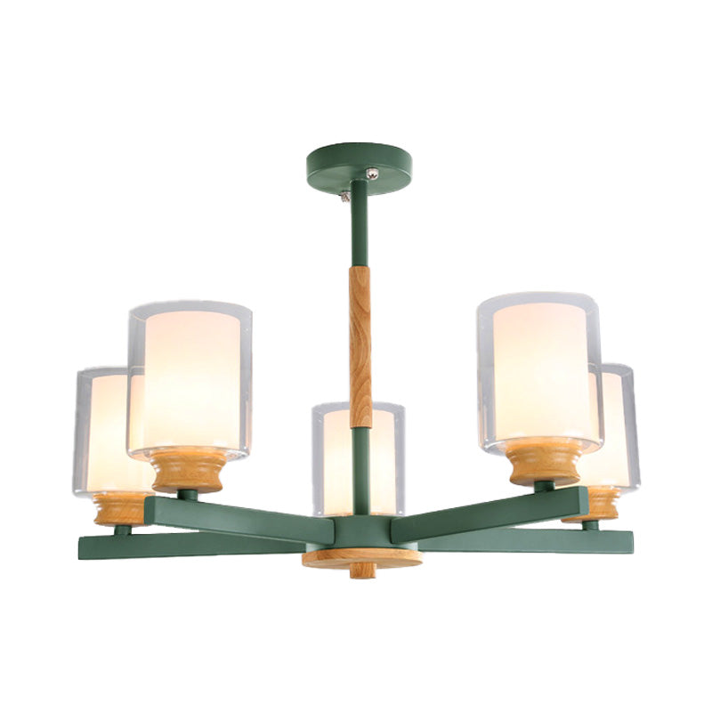 Macaron Cylinder Chandelier Pendant Light Milk Glass 3/5/6 Lights Hanging Ceiling Light in Pink/Yellow/Green for Living Room Clearhalo 'Ceiling Lights' 'Chandeliers' 'Modern Chandeliers' 'Modern' Lighting' 217196