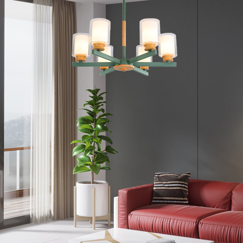 Macaron Cylinder Chandelier Pendant Light Milk Glass 3/5/6 Lights Hanging Ceiling Light in Pink/Yellow/Green for Living Room Clearhalo 'Ceiling Lights' 'Chandeliers' 'Modern Chandeliers' 'Modern' Lighting' 217199