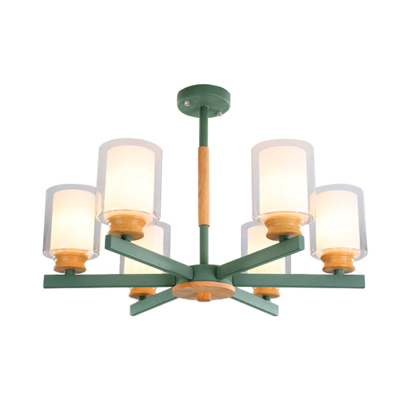 Macaron Cylinder Chandelier Pendant Light Milk Glass 3/5/6 Lights Hanging Ceiling Light in Pink/Yellow/Green for Living Room Clearhalo 'Ceiling Lights' 'Chandeliers' 'Modern Chandeliers' 'Modern' Lighting' 217200