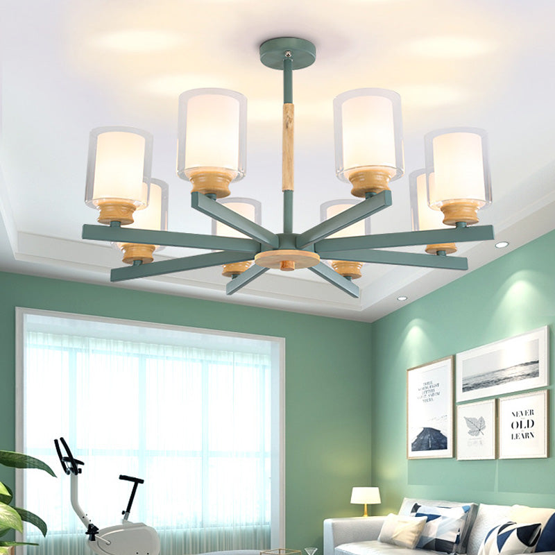 Macaron Cylinder Chandelier Pendant Light Milk Glass 3/5/6 Lights Hanging Ceiling Light in Pink/Yellow/Green for Living Room 8 Green Clearhalo 'Ceiling Lights' 'Chandeliers' 'Modern Chandeliers' 'Modern' Lighting' 217202