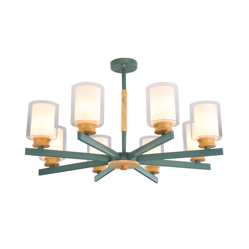 Macaron Cylinder Chandelier Pendant Light Milk Glass 3/5/6 Lights Hanging Ceiling Light in Pink/Yellow/Green for Living Room Clearhalo 'Ceiling Lights' 'Chandeliers' 'Modern Chandeliers' 'Modern' Lighting' 217204