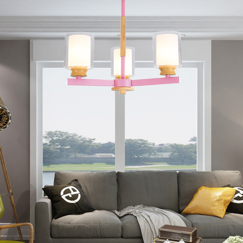 Macaron Cylinder Chandelier Pendant Light Milk Glass 3/5/6 Lights Hanging Ceiling Light in Pink/Yellow/Green for Living Room 3 Pink Clearhalo 'Ceiling Lights' 'Chandeliers' 'Modern Chandeliers' 'Modern' Lighting' 217206