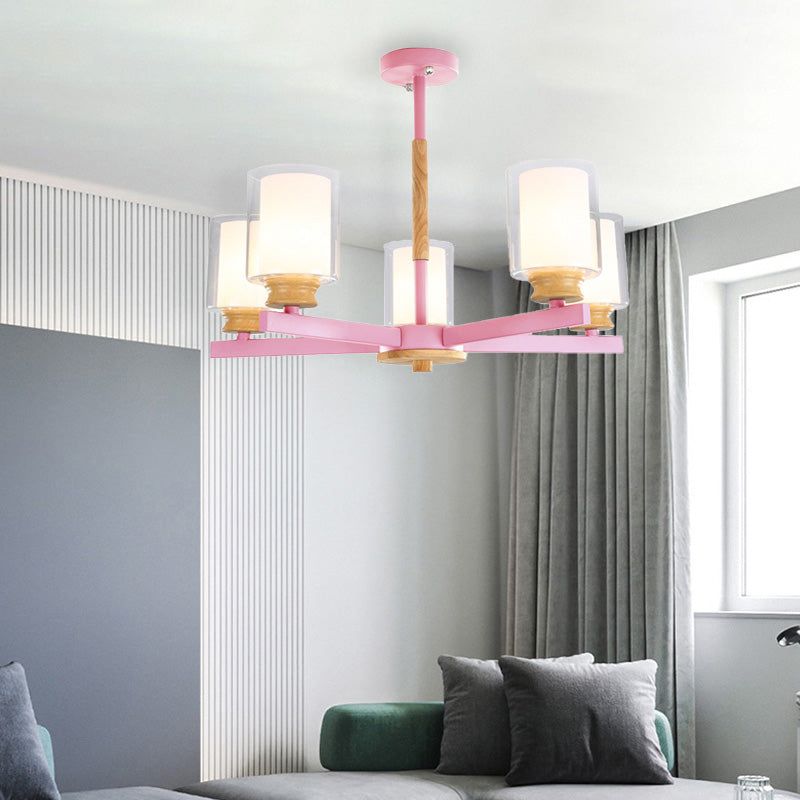 Macaron Cylinder Chandelier Pendant Light Milk Glass 3/5/6 Lights Hanging Ceiling Light in Pink/Yellow/Green for Living Room 5 Pink Clearhalo 'Ceiling Lights' 'Chandeliers' 'Modern Chandeliers' 'Modern' Lighting' 217209