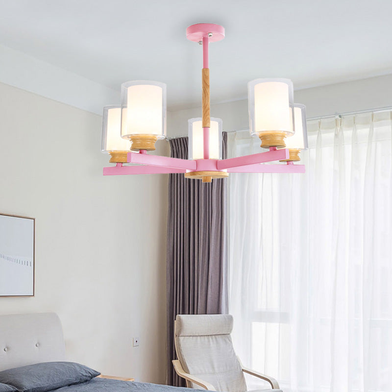 Macaron Cylinder Chandelier Pendant Light Milk Glass 3/5/6 Lights Hanging Ceiling Light in Pink/Yellow/Green for Living Room Clearhalo 'Ceiling Lights' 'Chandeliers' 'Modern Chandeliers' 'Modern' Lighting' 217210