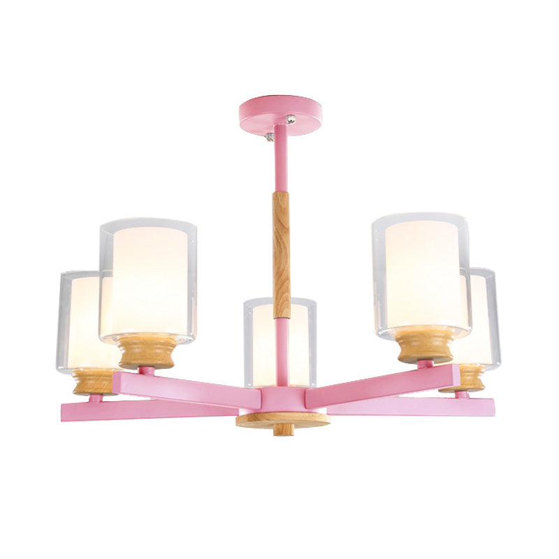 Macaron Cylinder Chandelier Pendant Light Milk Glass 3/5/6 Lights Hanging Ceiling Light in Pink/Yellow/Green for Living Room Clearhalo 'Ceiling Lights' 'Chandeliers' 'Modern Chandeliers' 'Modern' Lighting' 217211