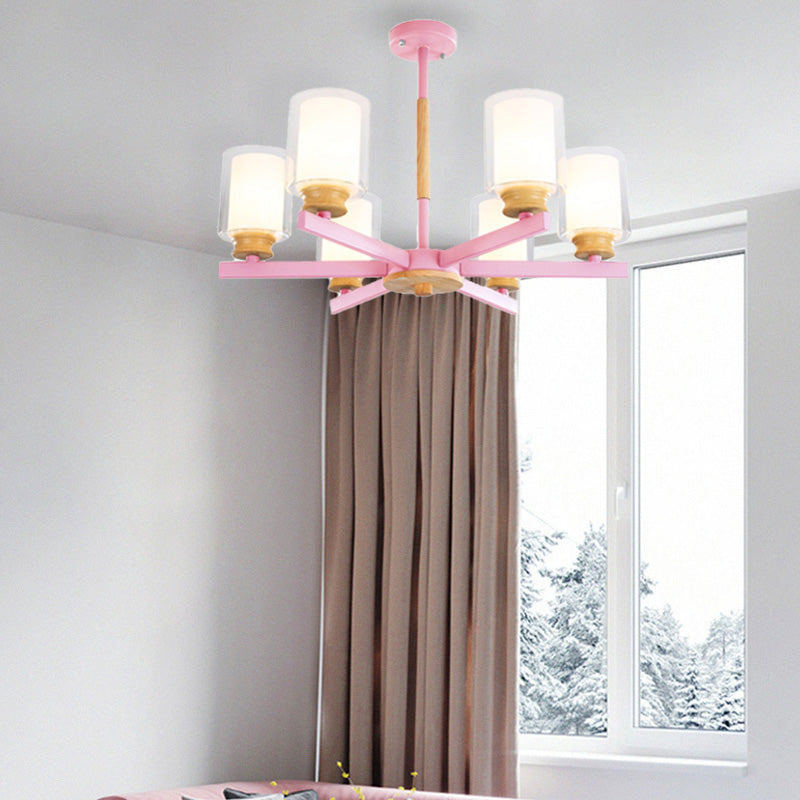 Macaron Cylinder Chandelier Pendant Light Milk Glass 3/5/6 Lights Hanging Ceiling Light in Pink/Yellow/Green for Living Room Clearhalo 'Ceiling Lights' 'Chandeliers' 'Modern Chandeliers' 'Modern' Lighting' 217213