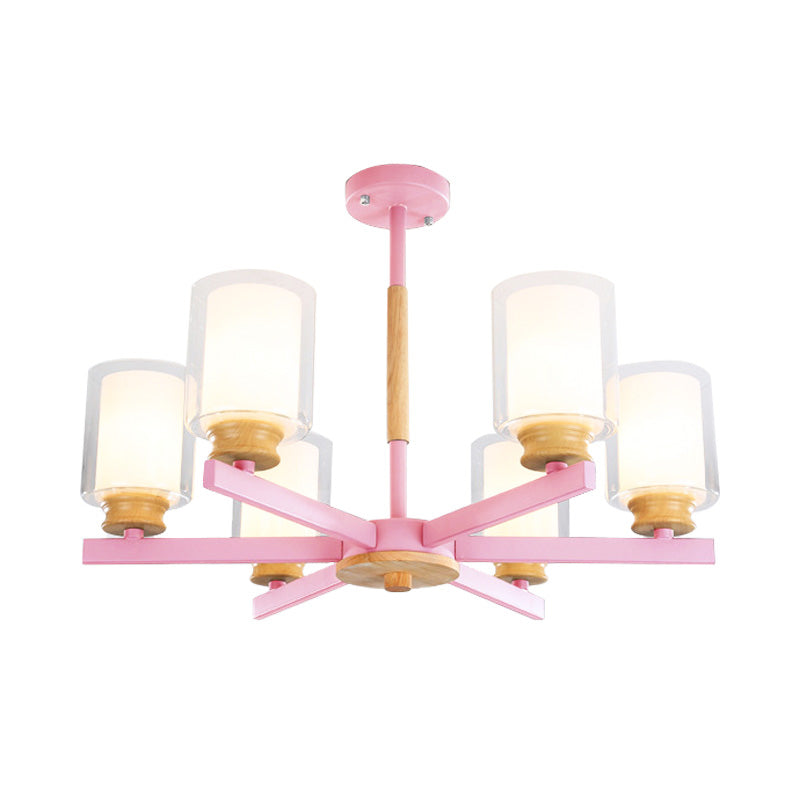 Macaron Cylinder Chandelier Pendant Light Milk Glass 3/5/6 Lights Hanging Ceiling Light in Pink/Yellow/Green for Living Room Clearhalo 'Ceiling Lights' 'Chandeliers' 'Modern Chandeliers' 'Modern' Lighting' 217214