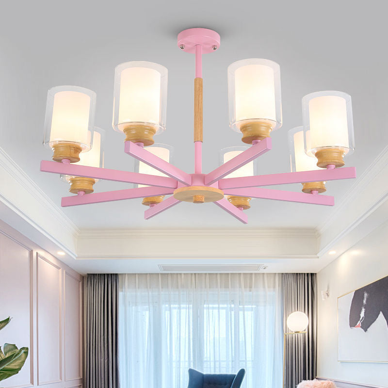 Macaron Cylinder Chandelier Pendant Light Milk Glass 3/5/6 Lights Hanging Ceiling Light in Pink/Yellow/Green for Living Room 8 Pink Clearhalo 'Ceiling Lights' 'Chandeliers' 'Modern Chandeliers' 'Modern' Lighting' 217215