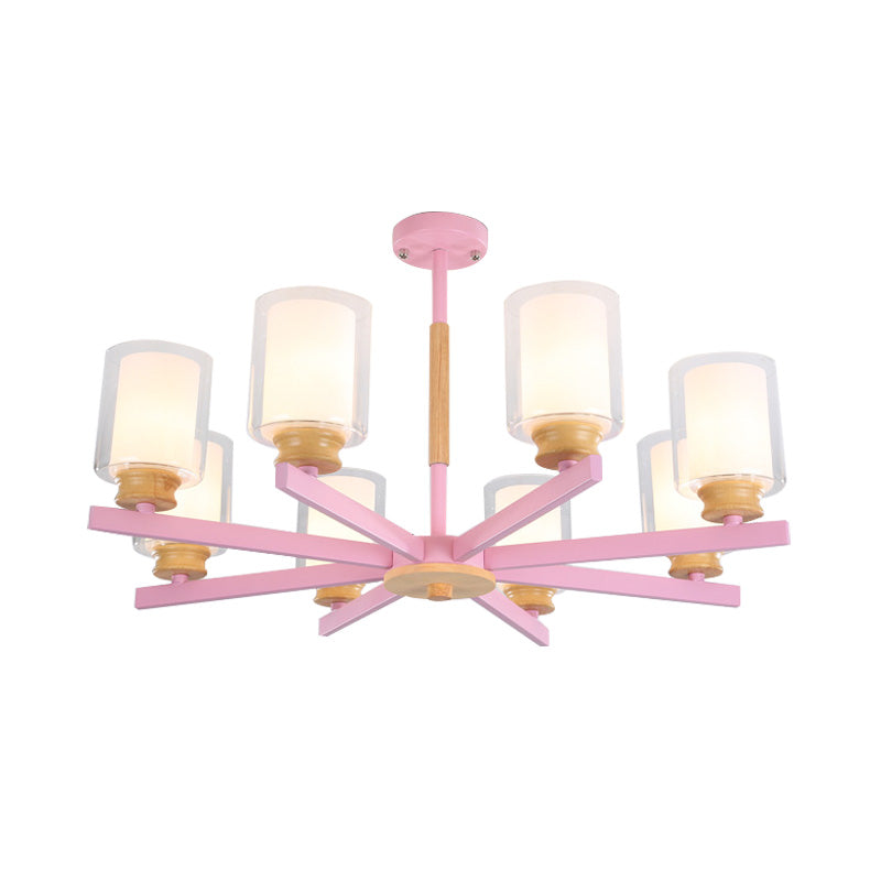 Macaron Cylinder Chandelier Pendant Light Milk Glass 3/5/6 Lights Hanging Ceiling Light in Pink/Yellow/Green for Living Room Clearhalo 'Ceiling Lights' 'Chandeliers' 'Modern Chandeliers' 'Modern' Lighting' 217217