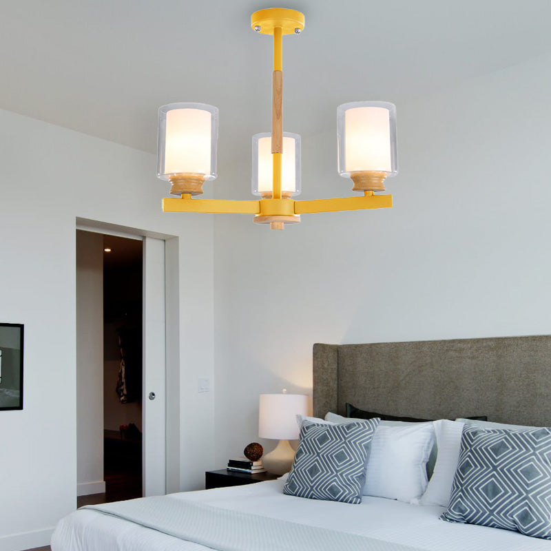 Macaron Cylinder Chandelier Pendant Light Milk Glass 3/5/6 Lights Hanging Ceiling Light in Pink/Yellow/Green for Living Room 3 Yellow Clearhalo 'Ceiling Lights' 'Chandeliers' 'Modern Chandeliers' 'Modern' Lighting' 217218