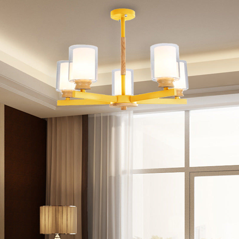 Macaron Cylinder Chandelier Pendant Light Milk Glass 3/5/6 Lights Hanging Ceiling Light in Pink/Yellow/Green for Living Room 5 Yellow Clearhalo 'Ceiling Lights' 'Chandeliers' 'Modern Chandeliers' 'Modern' Lighting' 217221