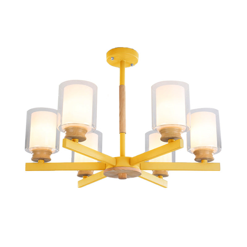 Macaron Cylinder Chandelier Pendant Light Milk Glass 3/5/6 Lights Hanging Ceiling Light in Pink/Yellow/Green for Living Room Clearhalo 'Ceiling Lights' 'Chandeliers' 'Modern Chandeliers' 'Modern' Lighting' 217226