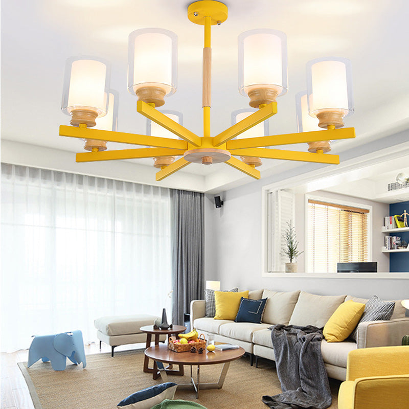 Macaron Cylinder Chandelier Pendant Light Milk Glass 3/5/6 Lights Hanging Ceiling Light in Pink/Yellow/Green for Living Room Clearhalo 'Ceiling Lights' 'Chandeliers' 'Modern Chandeliers' 'Modern' Lighting' 217228