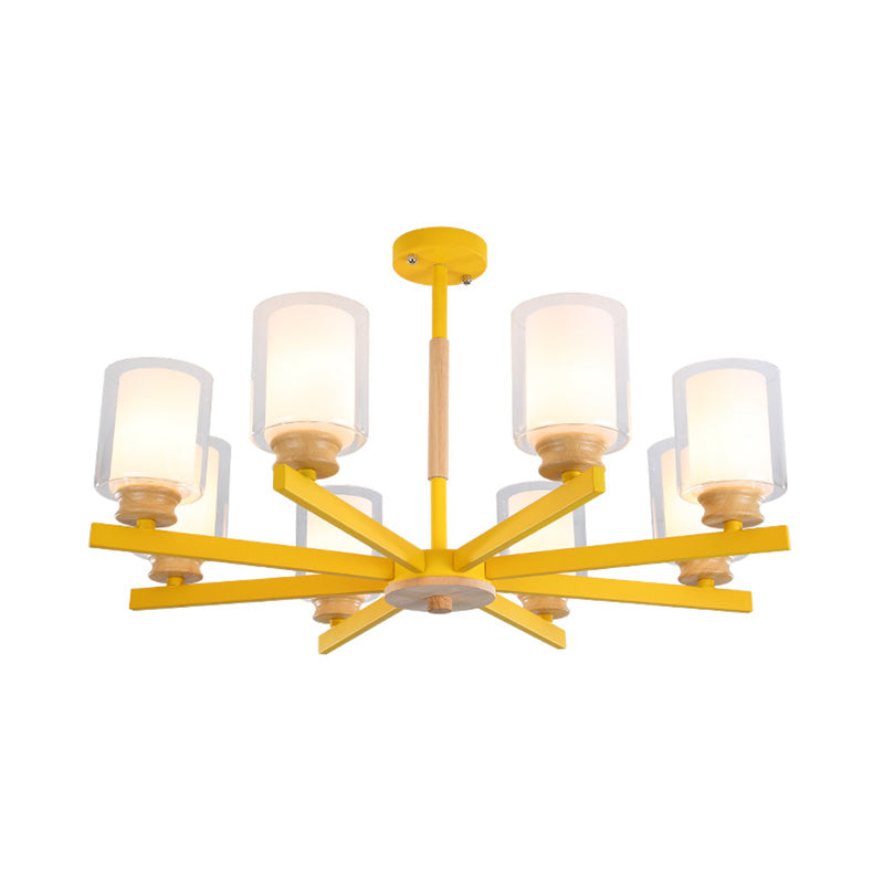 Macaron Cylinder Chandelier Pendant Light Milk Glass 3/5/6 Lights Hanging Ceiling Light in Pink/Yellow/Green for Living Room Clearhalo 'Ceiling Lights' 'Chandeliers' 'Modern Chandeliers' 'Modern' Lighting' 217229