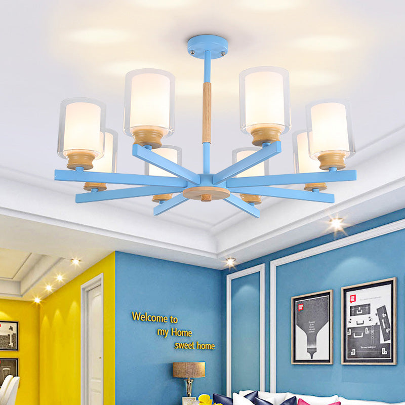 Macaron Cylinder Chandelier Pendant Light Milk Glass 3/5/6 Lights Hanging Ceiling Light in Pink/Yellow/Green for Living Room 8 Blue Clearhalo 'Ceiling Lights' 'Chandeliers' 'Modern Chandeliers' 'Modern' Lighting' 217239