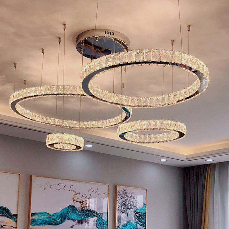 Stainless-Steel Ring LED Multi Ceiling Light Modern Crystal Suspension Lighting for Living Room Stainless-Steel 4 Tiers Clearhalo 'Ceiling Lights' 'Modern Pendants' 'Modern' 'Pendant Lights' 'Pendants' Lighting' 2172500