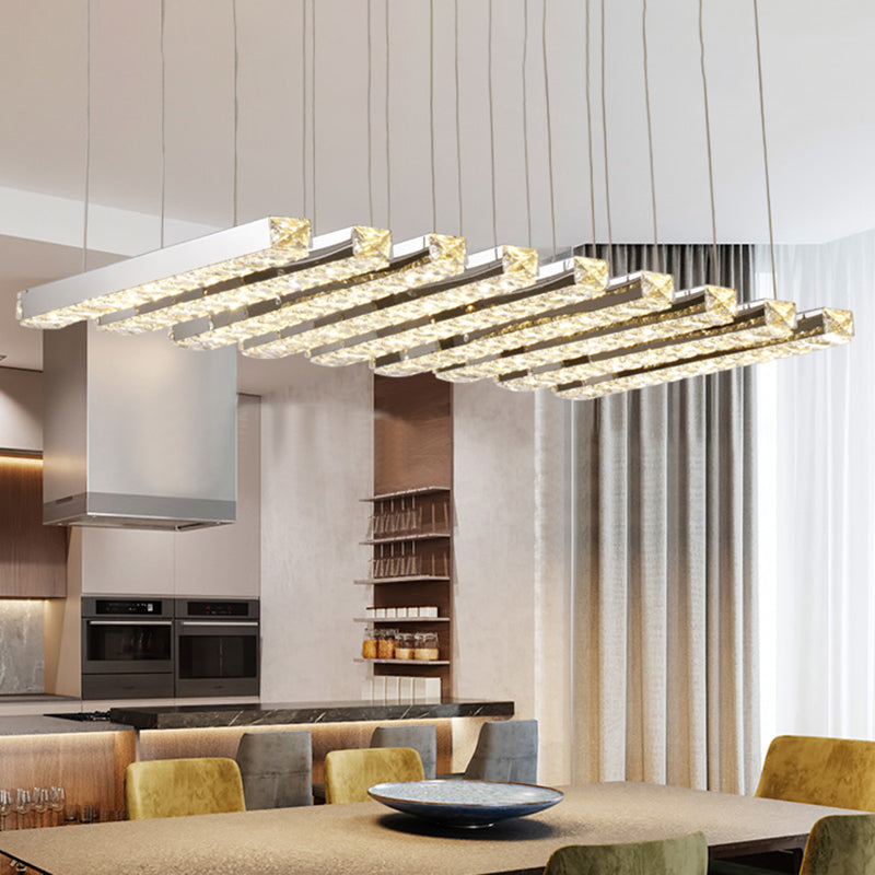 Rectangular Chandelier Pendant Light Minimalist Crystal Dining Room LED Hanging Light in Stainless-Steel 9 Stainless-Steel Clearhalo 'Ceiling Lights' 'Chandeliers' 'Modern Chandeliers' 'Modern' Lighting' 2172634