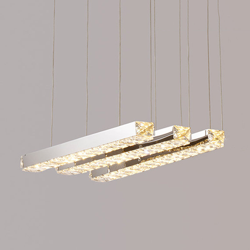Rectangular Chandelier Pendant Light Minimalist Crystal Dining Room LED Hanging Light in Stainless-Steel 3 Stainless-Steel Clearhalo 'Ceiling Lights' 'Chandeliers' 'Modern Chandeliers' 'Modern' Lighting' 2172637