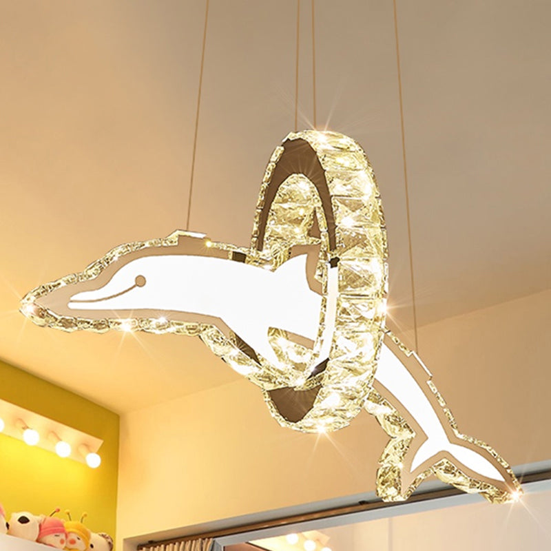Crystal Dolphin and Ring Chandelier Light Kids Stainless-Steel LED Pendant Light Fixture for Nursery Clearhalo 'Ceiling Lights' 'Chandeliers' 'Modern Chandeliers' 'Modern' Lighting' 2172642