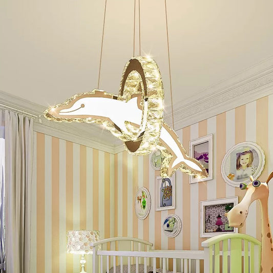 Crystal Dolphin and Ring Chandelier Light Kids Stainless-Steel LED Pendant Light Fixture for Nursery Clearhalo 'Ceiling Lights' 'Chandeliers' 'Modern Chandeliers' 'Modern' Lighting' 2172643
