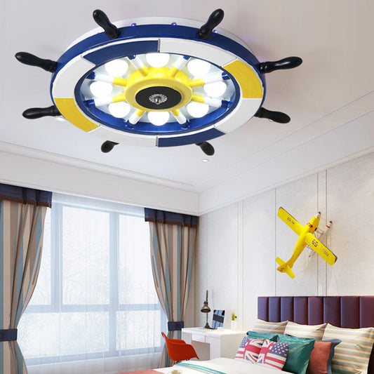 Nautical Style LED Flush Ceiling Light with Wood Shade Blue Finish Dome/Rudder Flush Mount Ceiling Light Clearhalo 'Ceiling Lights' 'Close To Ceiling Lights' 'Close to ceiling' 'Flush mount' Lighting' 217286