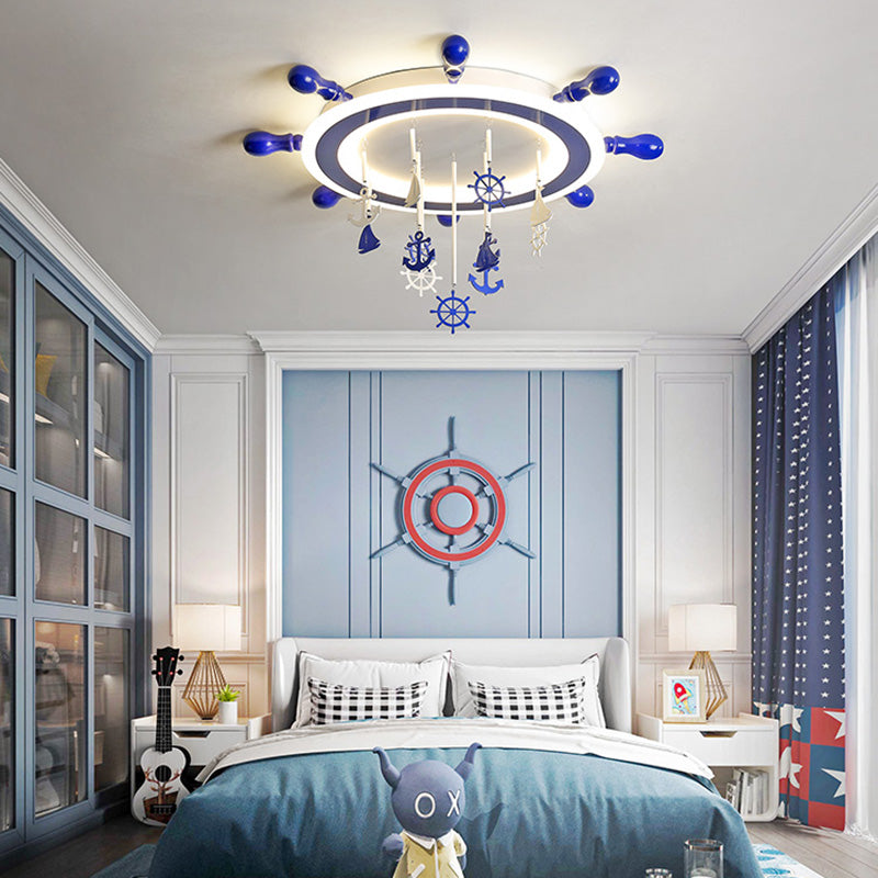 Nautical Rudder Flushmount Lighting Acrylic LED Children Room Blue Flush Ceiling Light with Anchor Deco, Warm/White Light Blue Clearhalo 'Ceiling Lights' 'Close To Ceiling Lights' 'Close to ceiling' 'Flush mount' Lighting' 217293