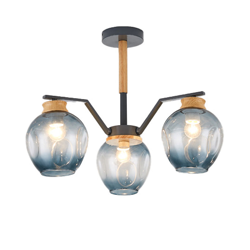 Nordic Globe Chandelier Pendant Light Dimpled Blown Glass 3/5 Lights Hanging Ceiling Light in Grey/Green Clearhalo 'Ceiling Lights' 'Chandeliers' 'Close To Ceiling Lights' 'Glass shade' 'Glass' 'Modern Chandeliers' 'Modern' Lighting' 217344