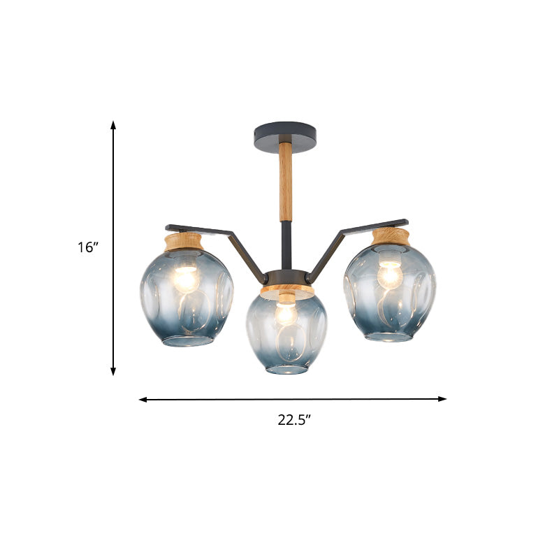 Nordic Globe Chandelier Pendant Light Dimpled Blown Glass 3/5 Lights Hanging Ceiling Light in Grey/Green Clearhalo 'Ceiling Lights' 'Chandeliers' 'Close To Ceiling Lights' 'Glass shade' 'Glass' 'Modern Chandeliers' 'Modern' Lighting' 217345