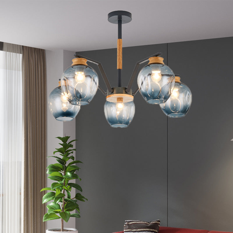 Nordic Globe Chandelier Pendant Light Dimpled Blown Glass 3/5 Lights Hanging Ceiling Light in Grey/Green 5 Grey Clearhalo 'Ceiling Lights' 'Chandeliers' 'Close To Ceiling Lights' 'Glass shade' 'Glass' 'Modern Chandeliers' 'Modern' Lighting' 217346