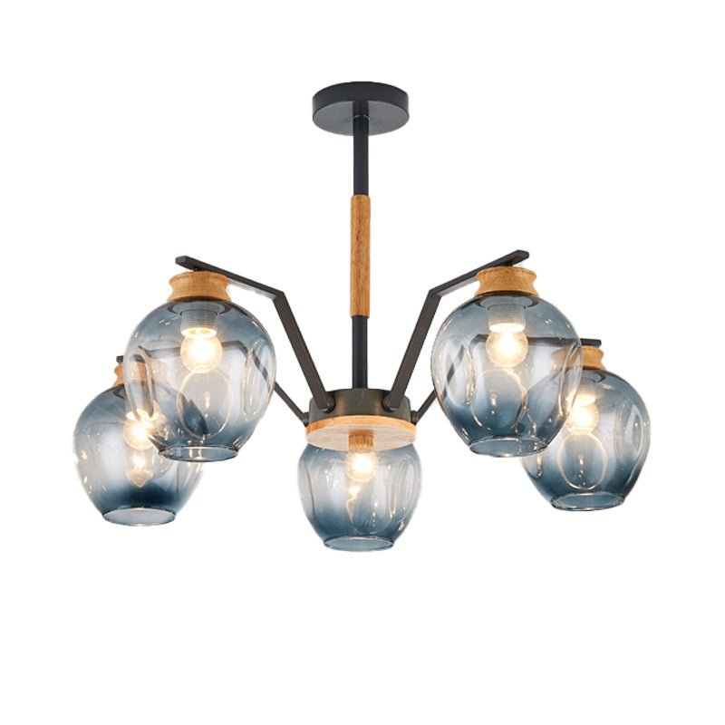 Nordic Globe Chandelier Pendant Light Dimpled Blown Glass 3/5 Lights Hanging Ceiling Light in Grey/Green Clearhalo 'Ceiling Lights' 'Chandeliers' 'Close To Ceiling Lights' 'Glass shade' 'Glass' 'Modern Chandeliers' 'Modern' Lighting' 217348