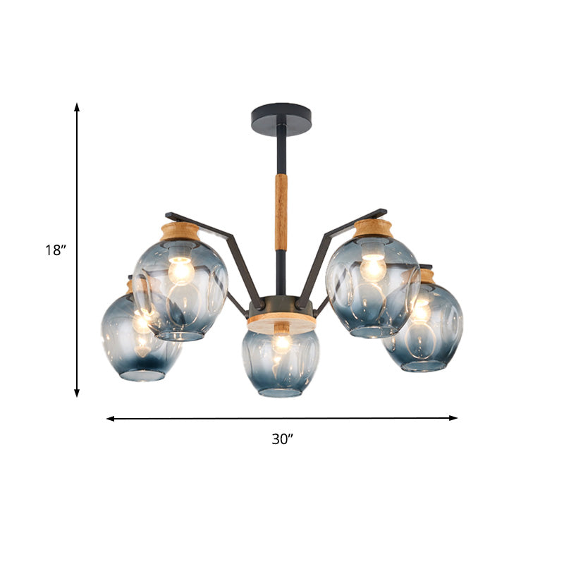 Nordic Globe Chandelier Pendant Light Dimpled Blown Glass 3/5 Lights Hanging Ceiling Light in Grey/Green Clearhalo 'Ceiling Lights' 'Chandeliers' 'Close To Ceiling Lights' 'Glass shade' 'Glass' 'Modern Chandeliers' 'Modern' Lighting' 217349