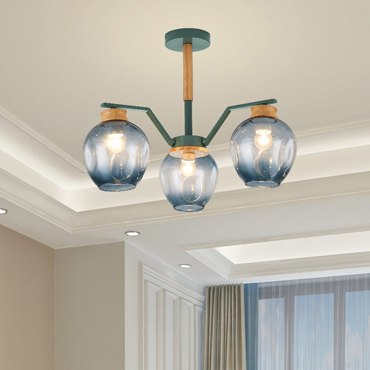 Nordic Globe Chandelier Pendant Light Dimpled Blown Glass 3/5 Lights Hanging Ceiling Light in Grey/Green 3 Green Clearhalo 'Ceiling Lights' 'Chandeliers' 'Close To Ceiling Lights' 'Glass shade' 'Glass' 'Modern Chandeliers' 'Modern' Lighting' 217350