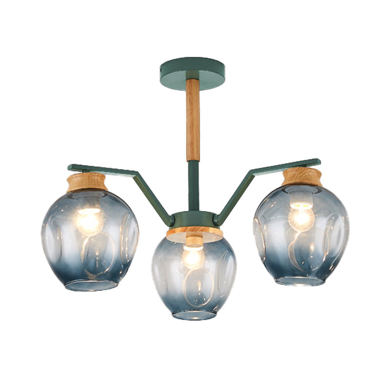 Nordic Globe Chandelier Pendant Light Dimpled Blown Glass 3/5 Lights Hanging Ceiling Light in Grey/Green Clearhalo 'Ceiling Lights' 'Chandeliers' 'Close To Ceiling Lights' 'Glass shade' 'Glass' 'Modern Chandeliers' 'Modern' Lighting' 217352