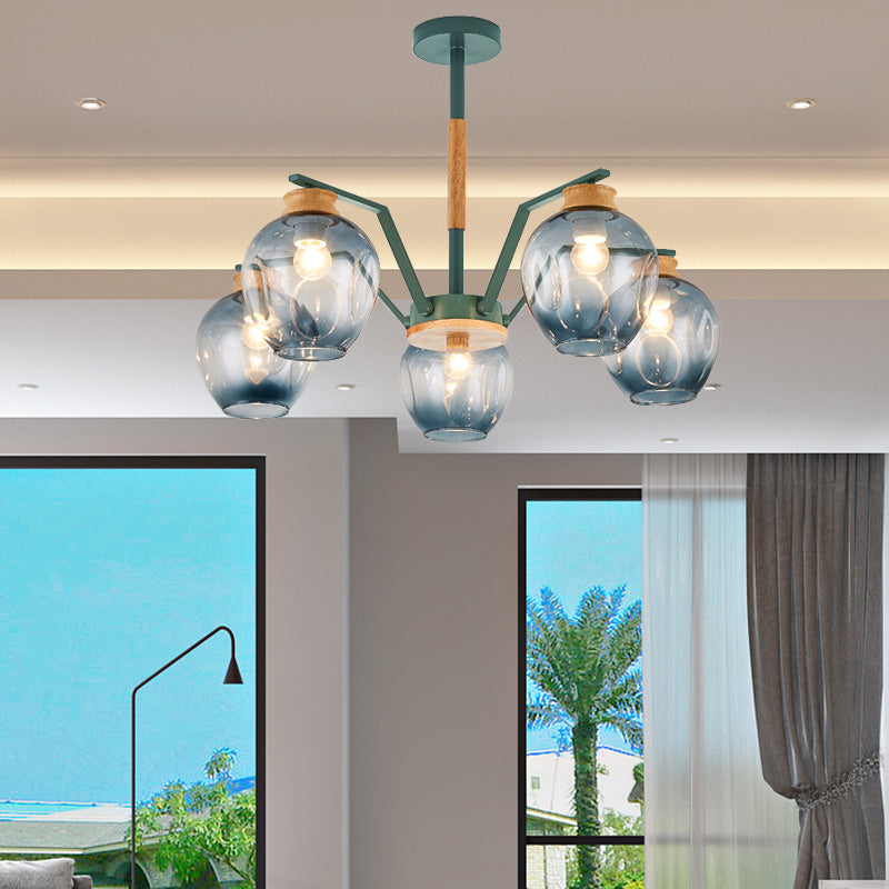 Nordic Globe Chandelier Pendant Light Dimpled Blown Glass 3/5 Lights Hanging Ceiling Light in Grey/Green 5 Green Clearhalo 'Ceiling Lights' 'Chandeliers' 'Close To Ceiling Lights' 'Glass shade' 'Glass' 'Modern Chandeliers' 'Modern' Lighting' 217353